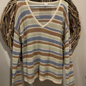 Hem & Thread Earthy Striped V-Neck Sweater